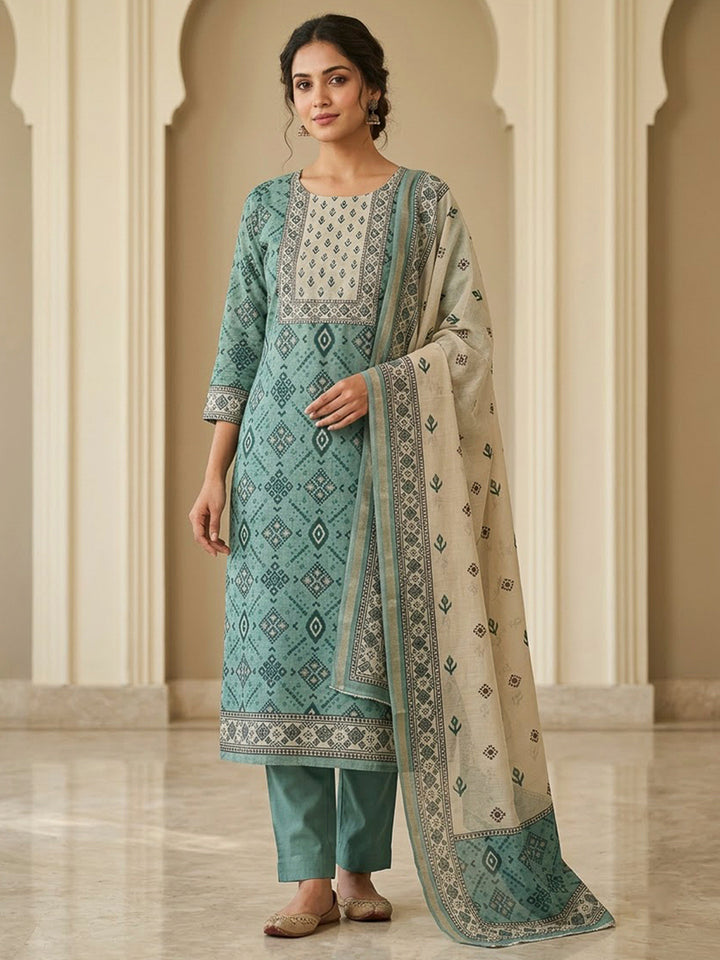 Sea Green Chanderi Embroidered Unstitched Dress Material