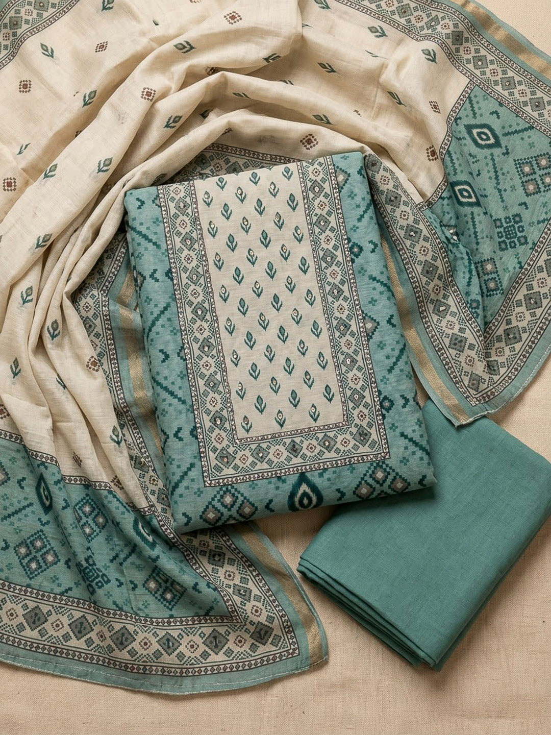 Sea Green Chanderi Embroidered Unstitched Dress Material