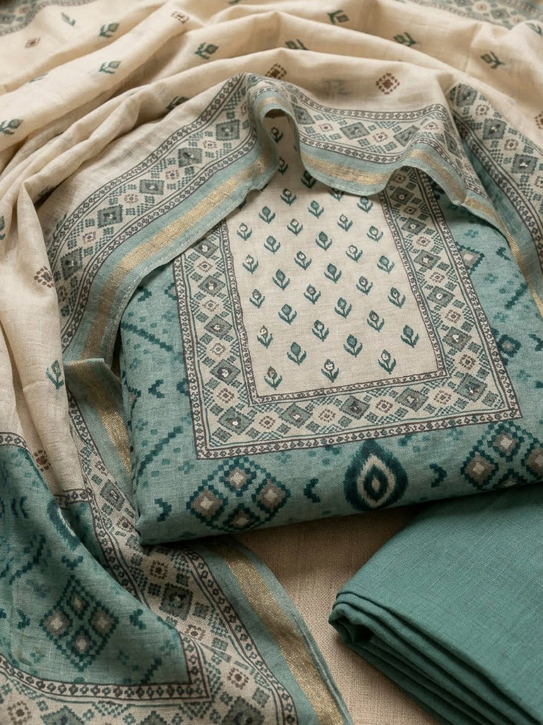 Sea Green Chanderi Embroidered Unstitched Dress Material