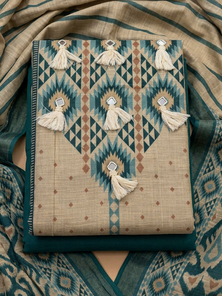 Blue Linen Blend Embroidered Unstitched Dress Material