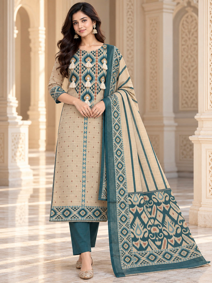 Blue Linen Blend Embroidered Unstitched Dress Material