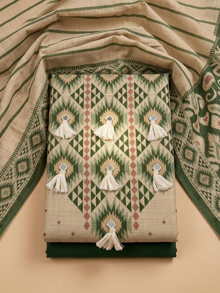 Bottle Green Linen Blend Embroidered Unstitched Dress Material