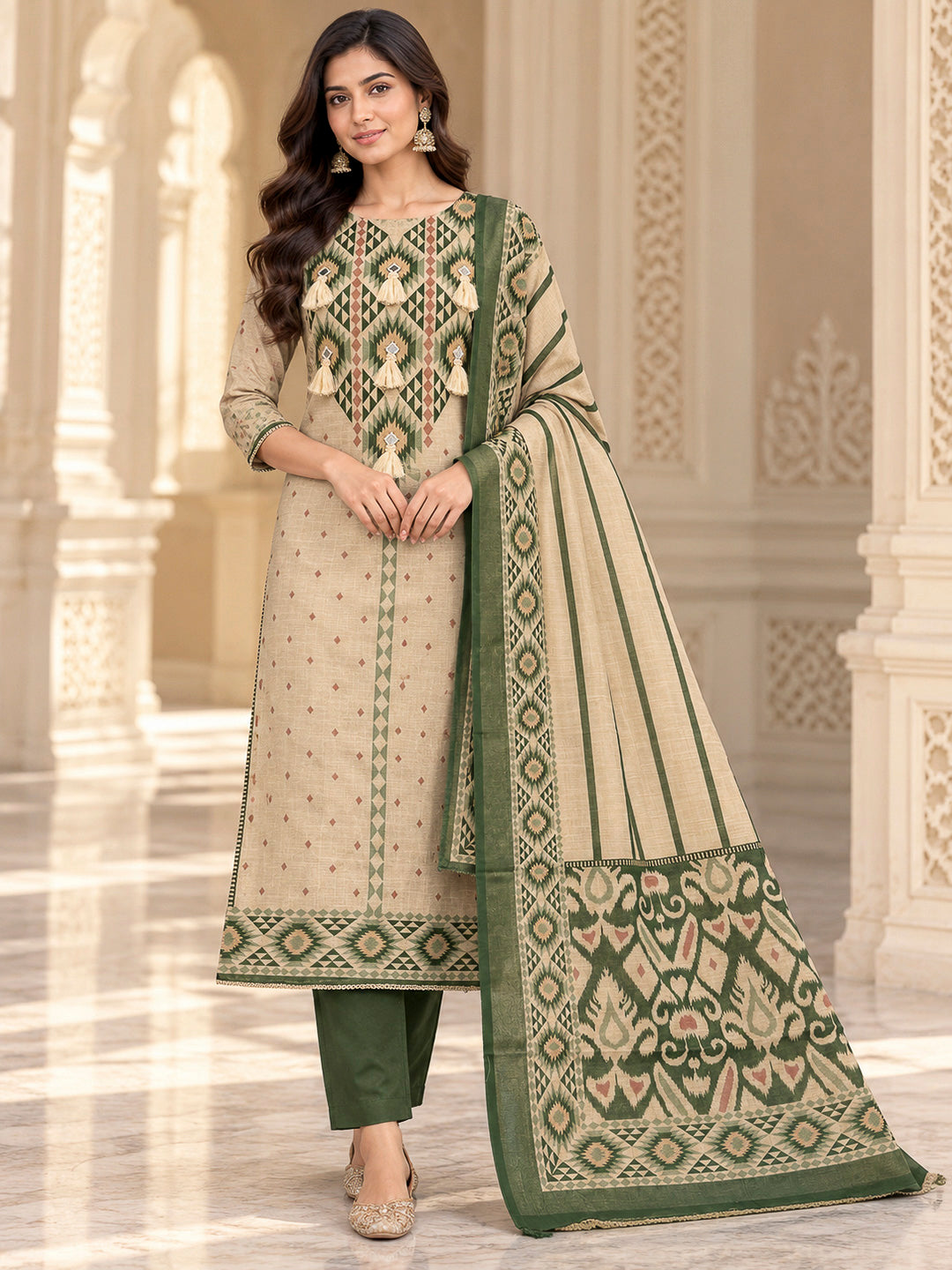 Bottle Green Linen Blend Embroidered Unstitched Dress Material