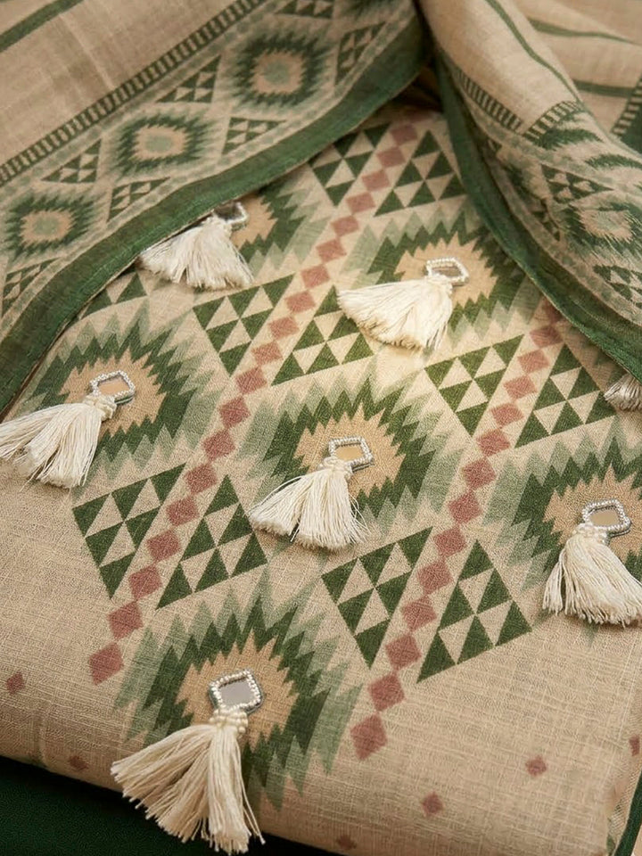 Bottle Green Linen Blend Embroidered Unstitched Dress Material