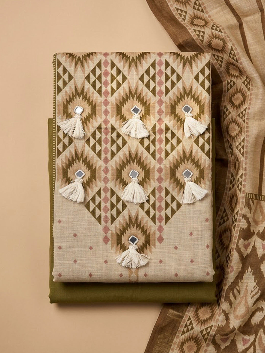 Mehndi Linen Blend Embroidered Unstitched Dress Material