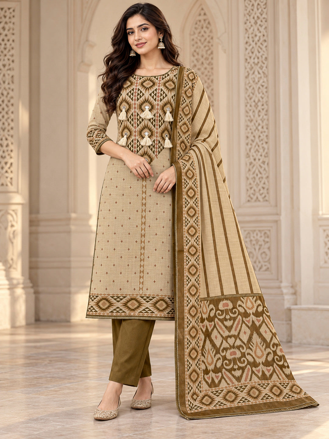 Mehndi Linen Blend Embroidered Unstitched Dress Material