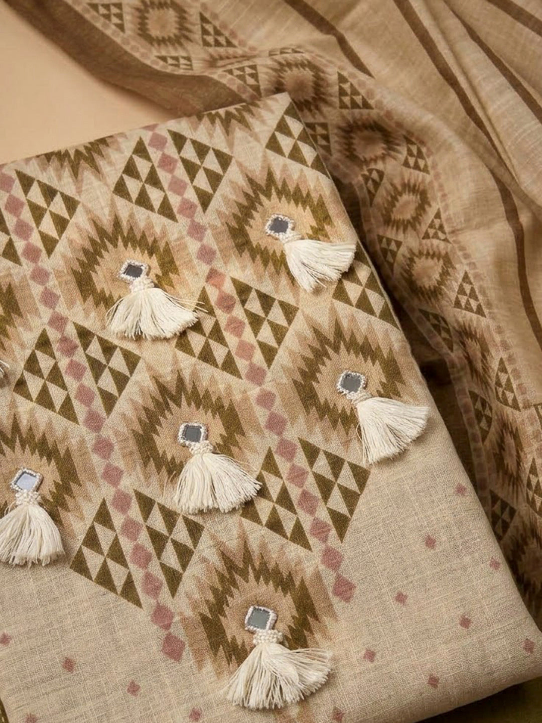 Mehndi Linen Blend Embroidered Unstitched Dress Material