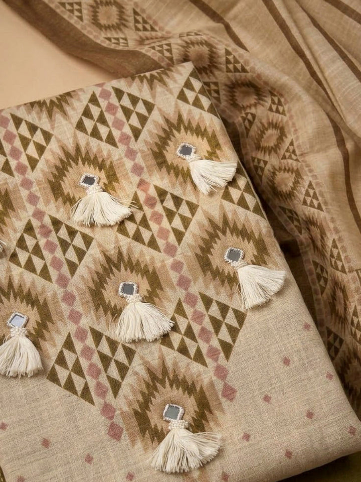Mehndi Linen Blend Embroidered Unstitched Dress Material