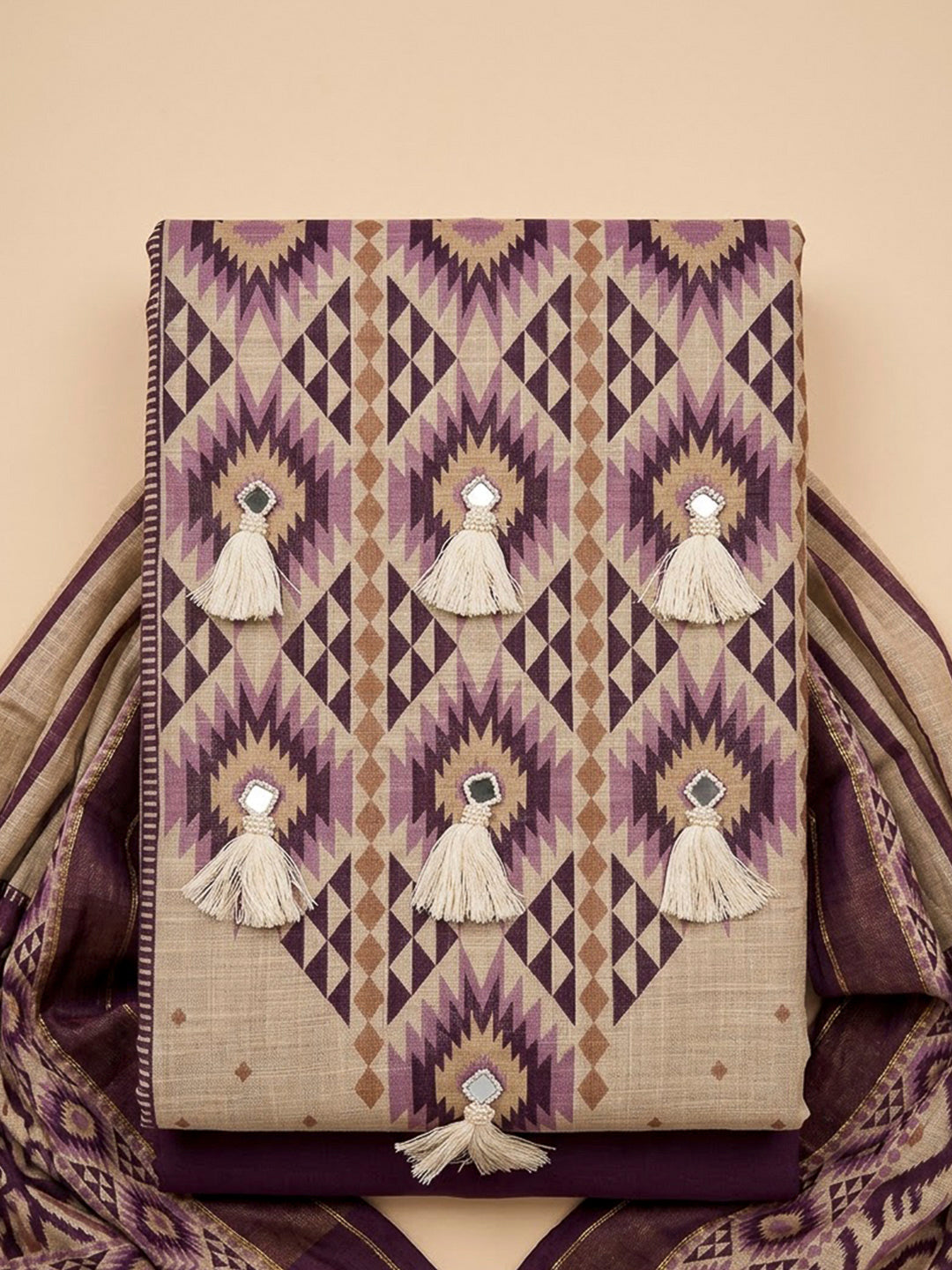 Purple Linen Blend Embroidered Unstitched Dress Material
