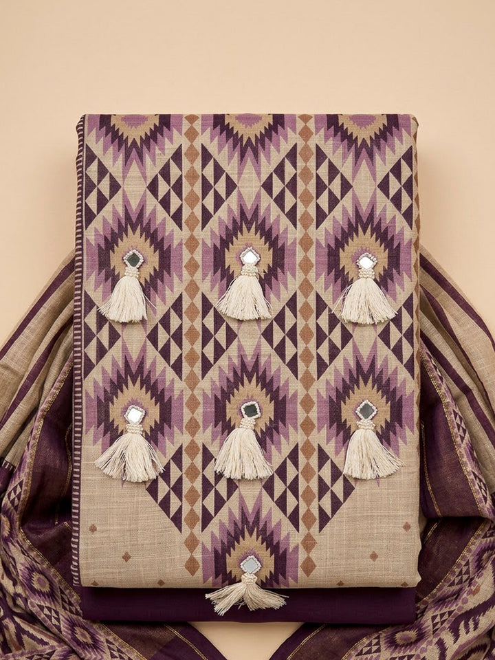 Purple Linen Blend Embroidered Unstitched Dress Material