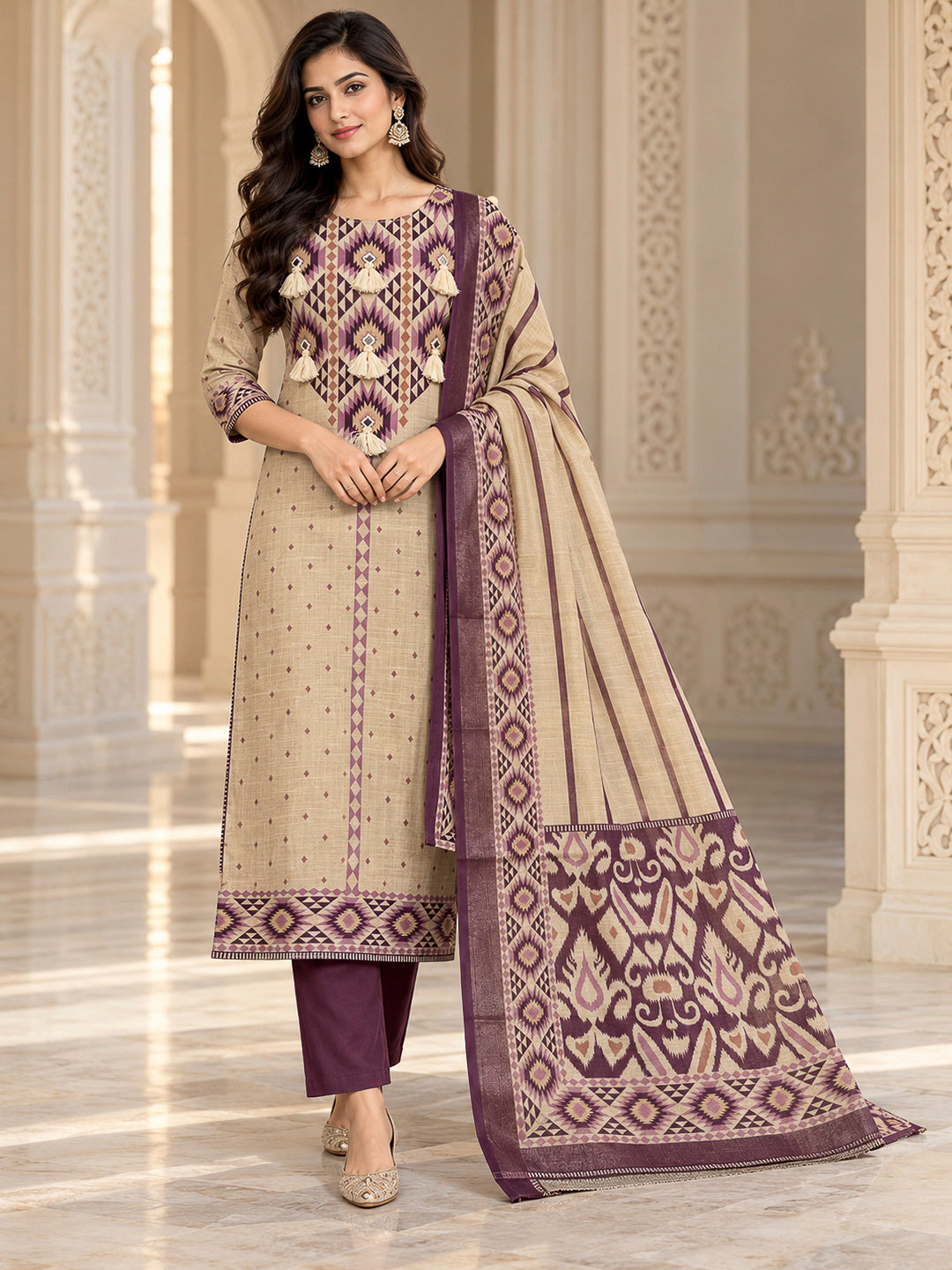 Purple Linen Blend Embroidered Unstitched Dress Material