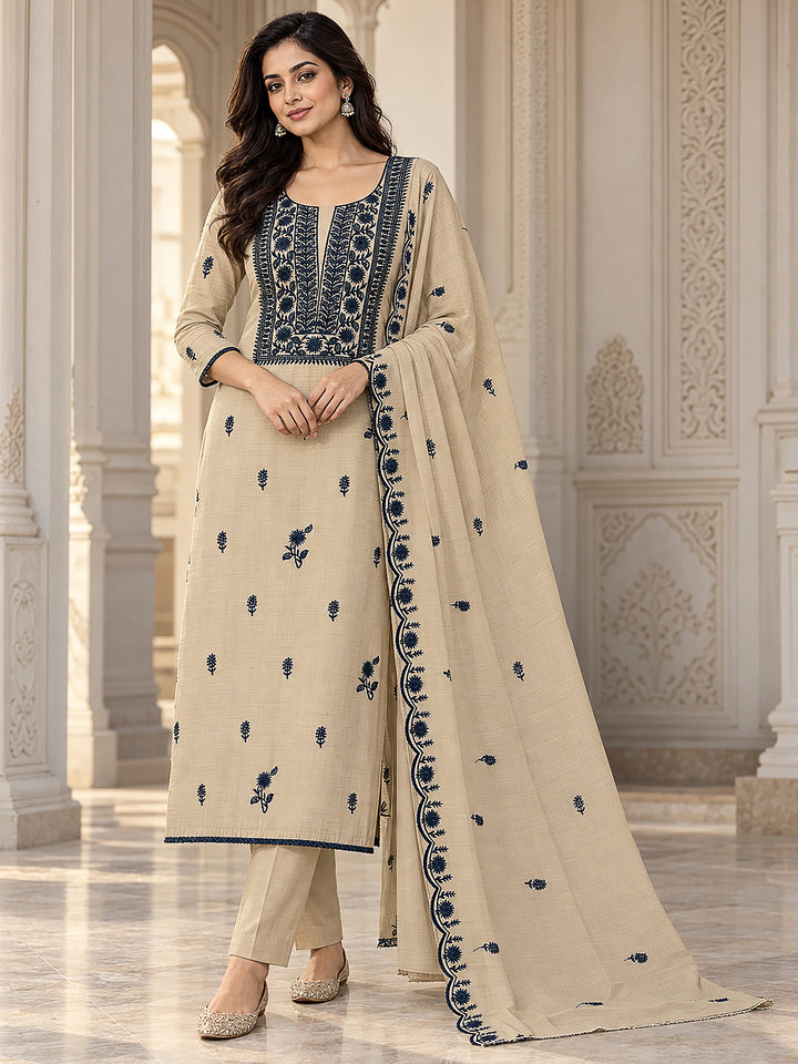 Beige Chanderi Embroidered Unstitched Dress Material