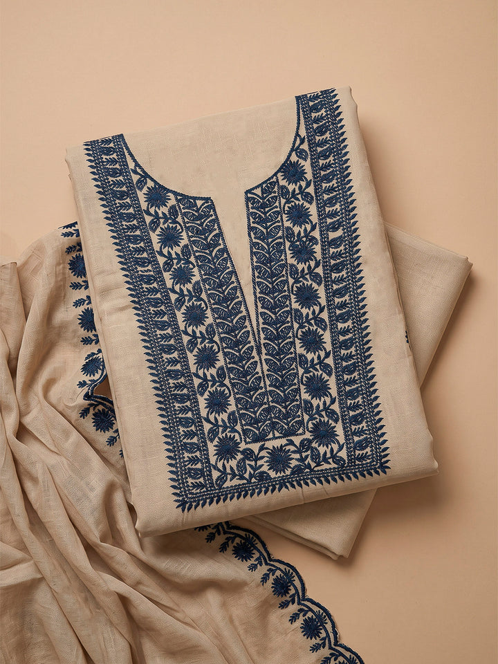 Beige Chanderi Embroidered Unstitched Dress Material