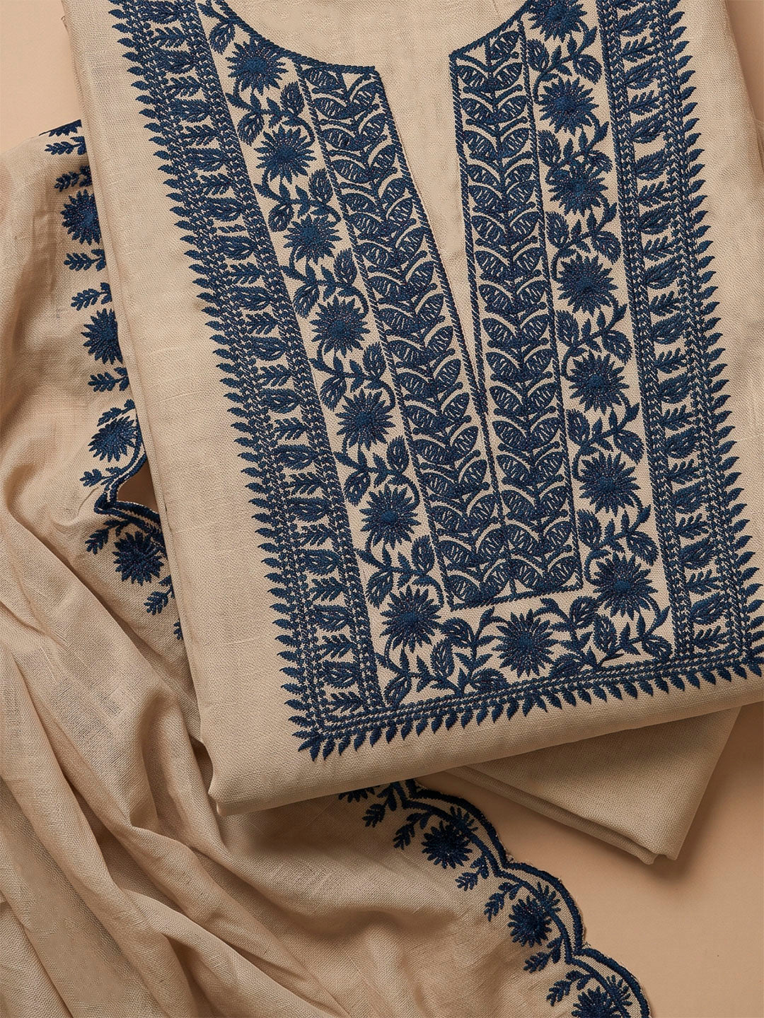 Beige Chanderi Embroidered Unstitched Dress Material