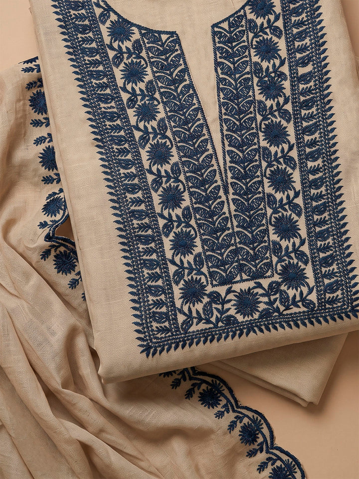 Beige Chanderi Embroidered Unstitched Dress Material