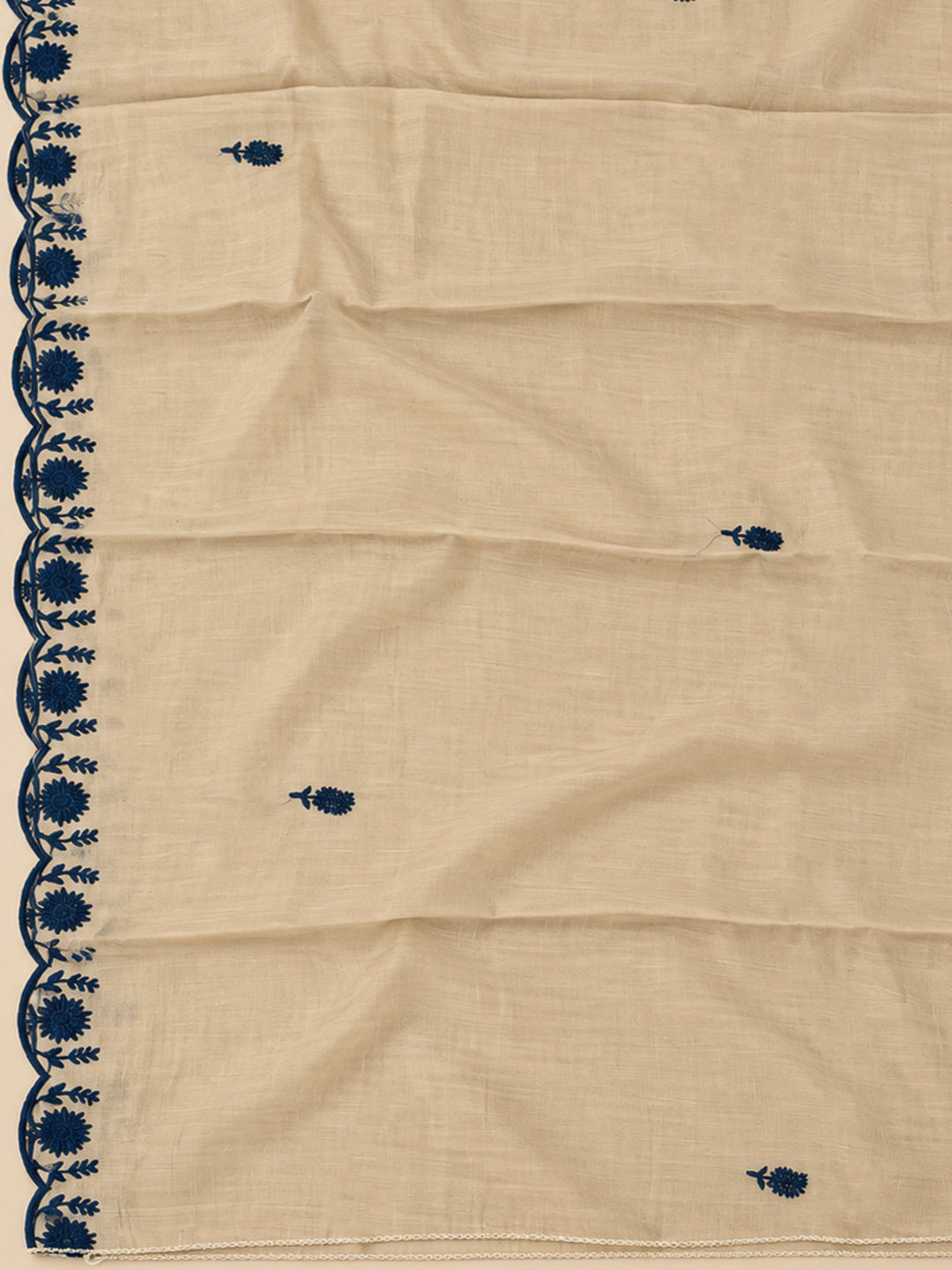 Beige Chanderi Embroidered Unstitched Dress Material