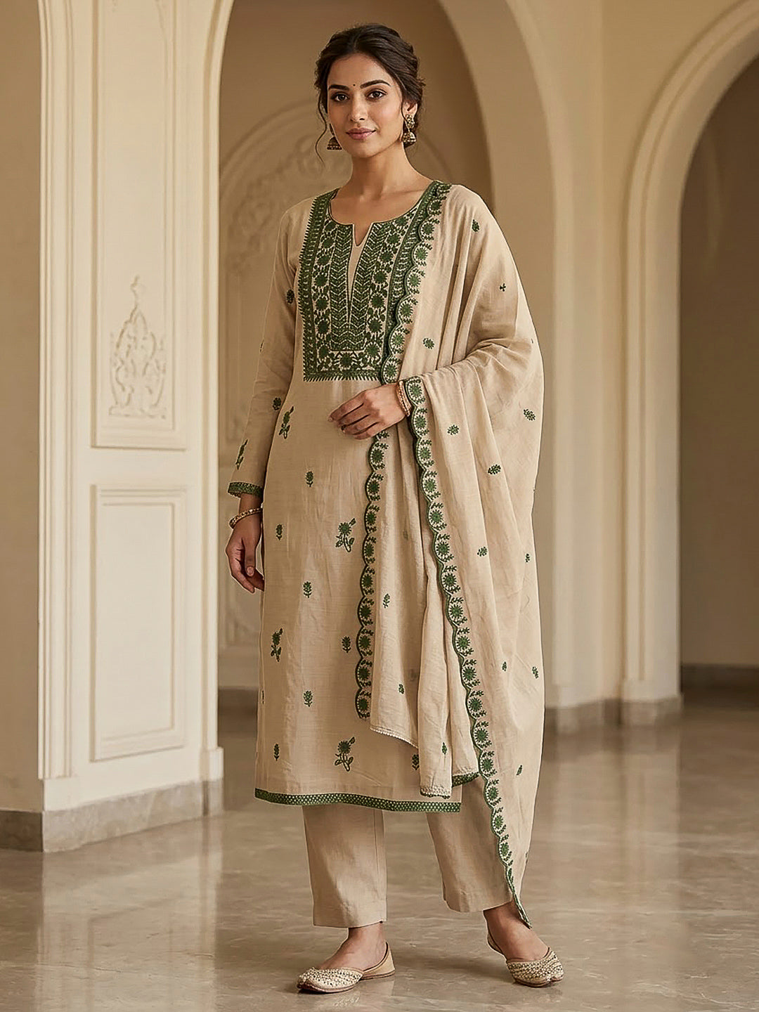 Beige Chanderi Embroidered Unstitched Dress Material