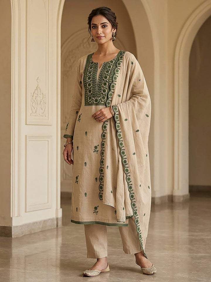 Beige Chanderi Embroidered Unstitched Dress Material