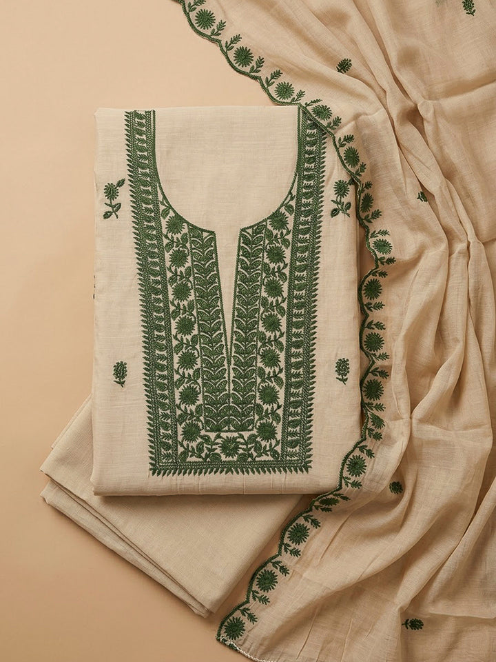 Beige Chanderi Embroidered Unstitched Dress Material