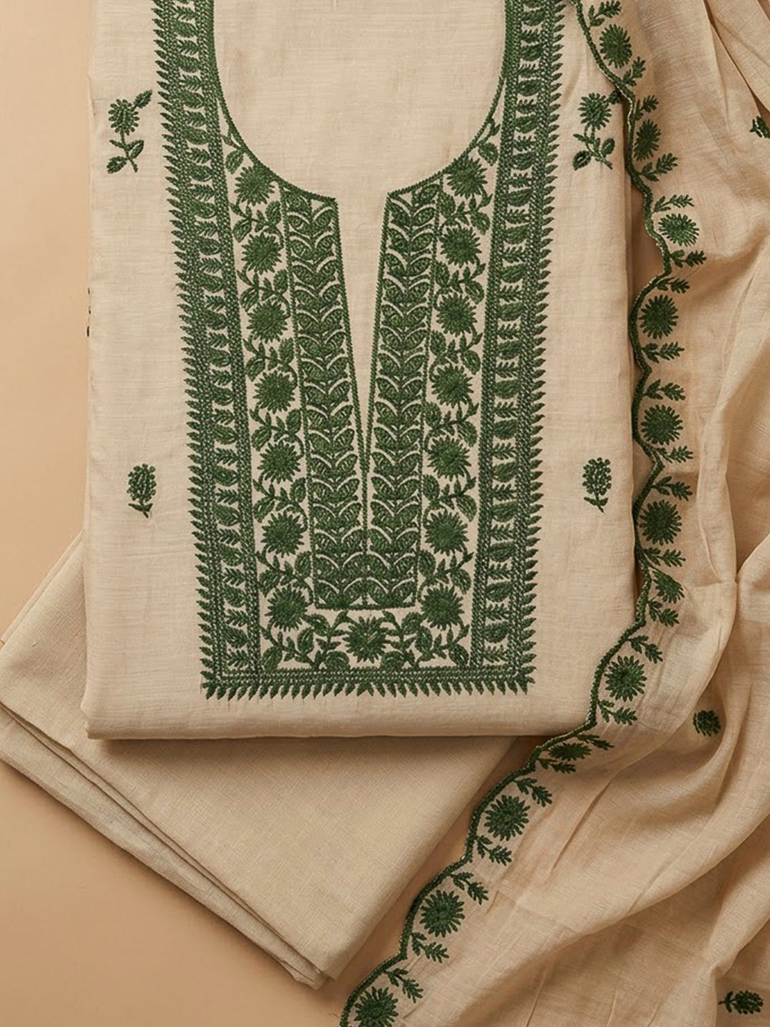 Beige Chanderi Embroidered Unstitched Dress Material