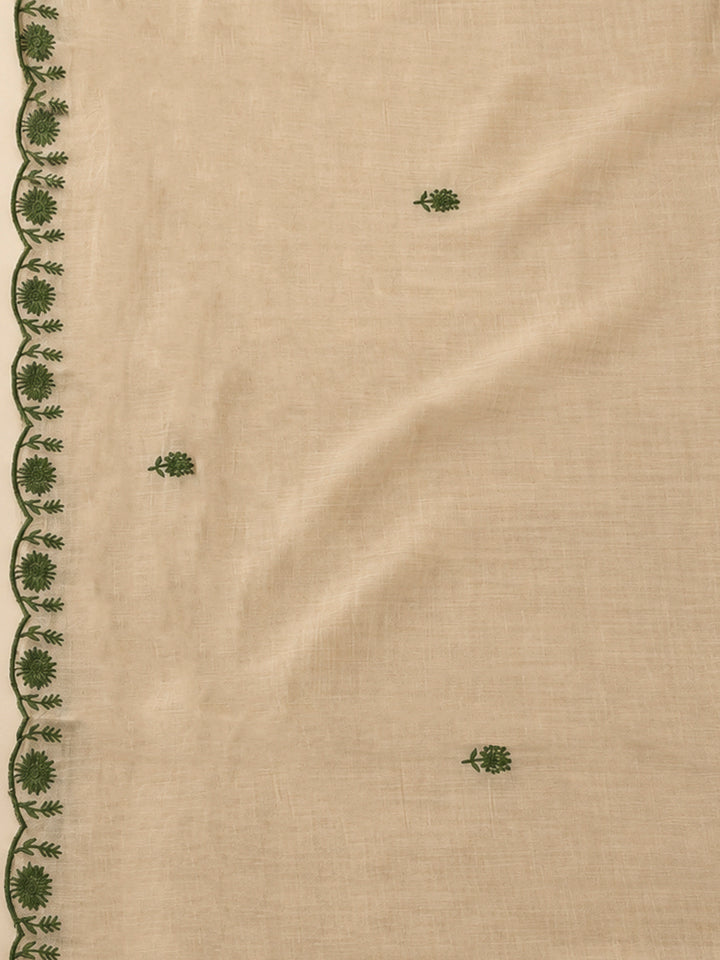 Beige Chanderi Embroidered Unstitched Dress Material
