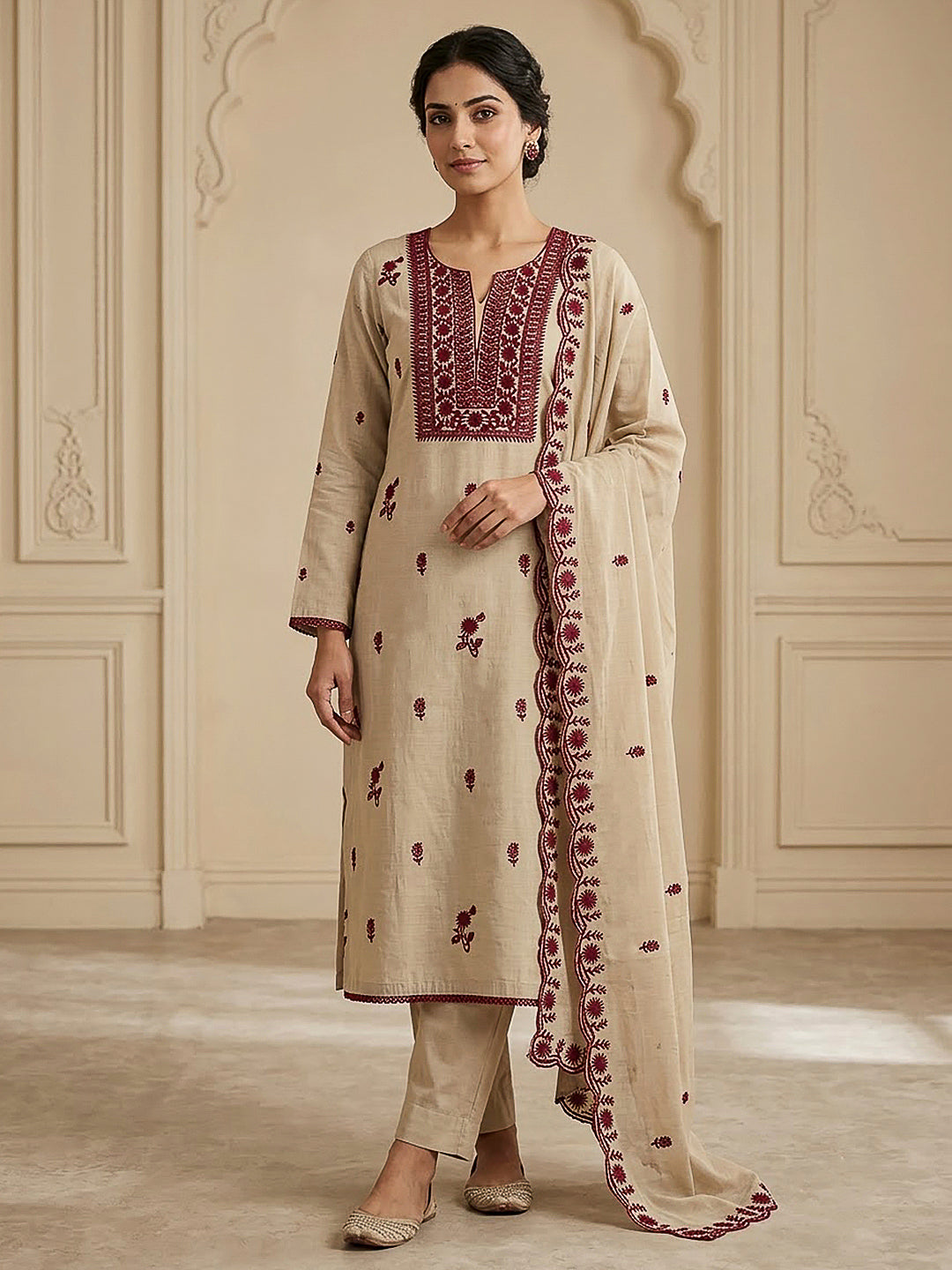 Beige Chanderi Embroidered Unstitched Dress Material