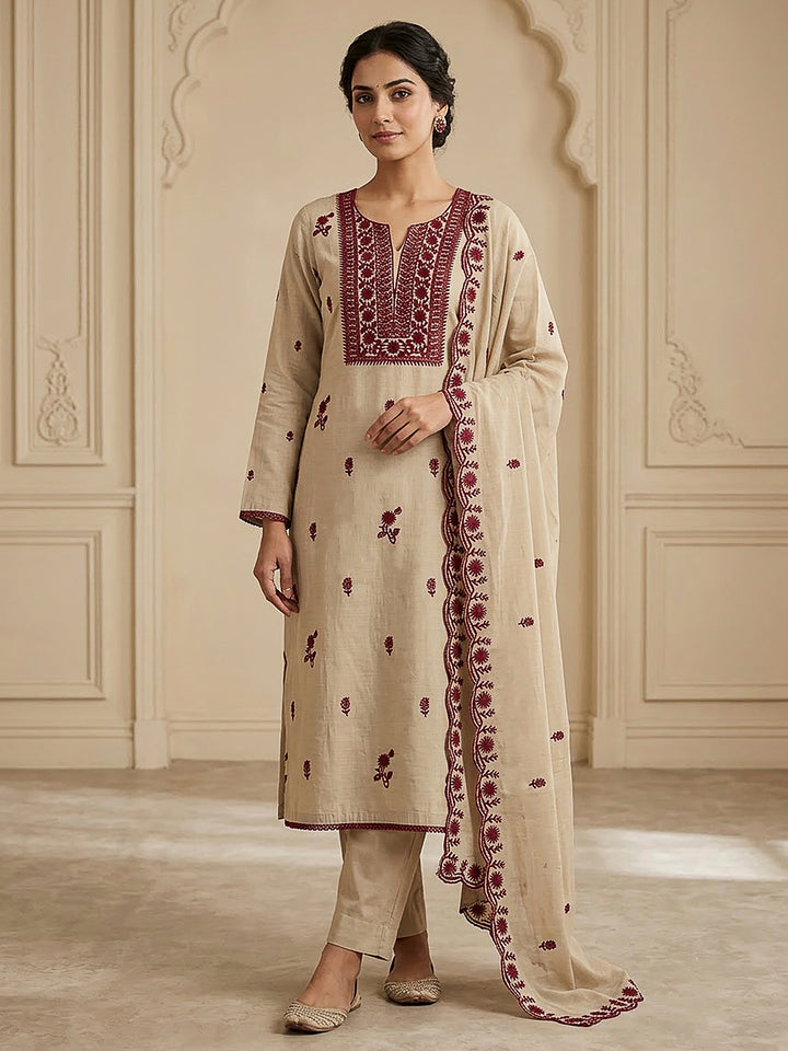 Beige Chanderi Embroidered Unstitched Dress Material