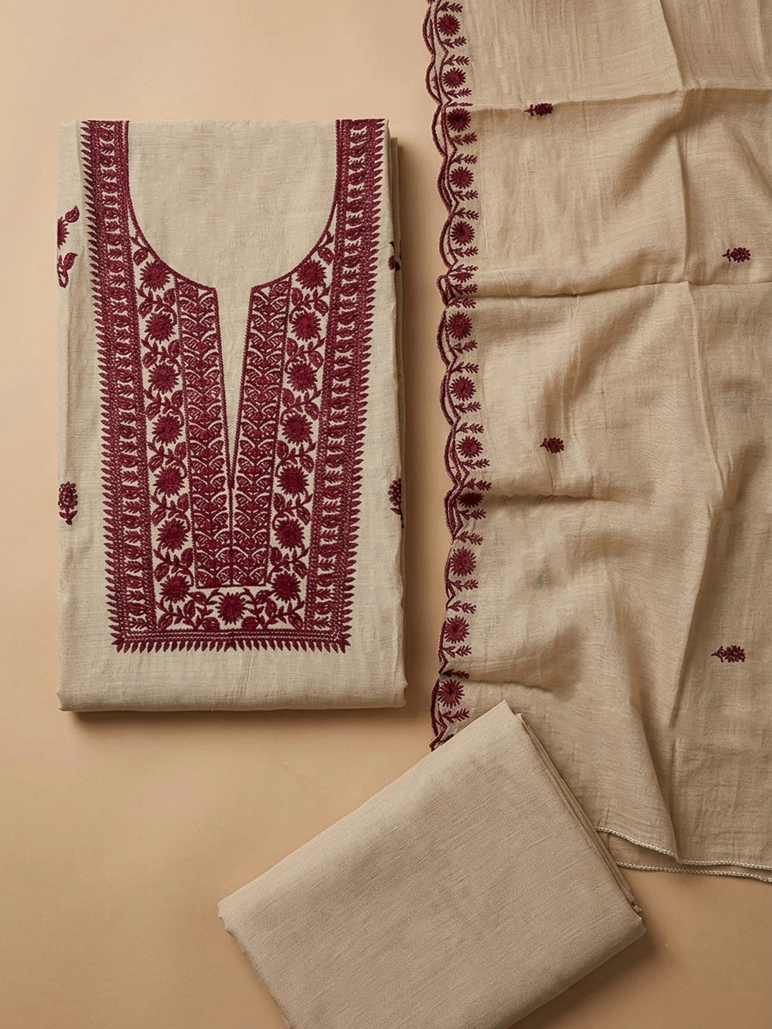 Beige Chanderi Embroidered Unstitched Dress Material