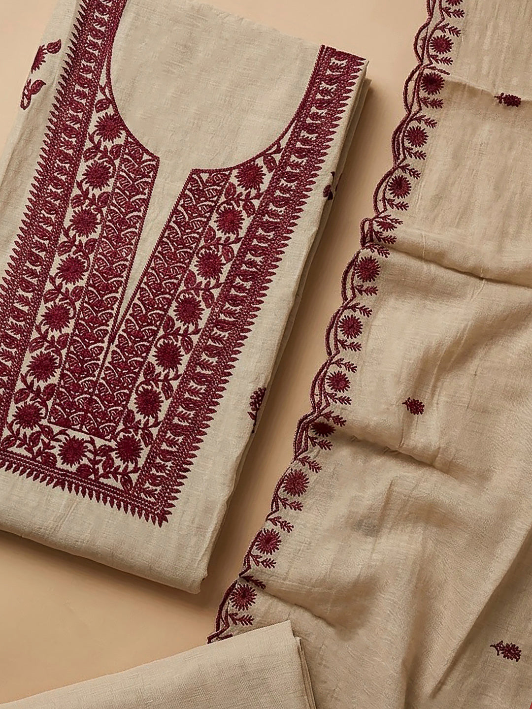 Beige Chanderi Embroidered Unstitched Dress Material