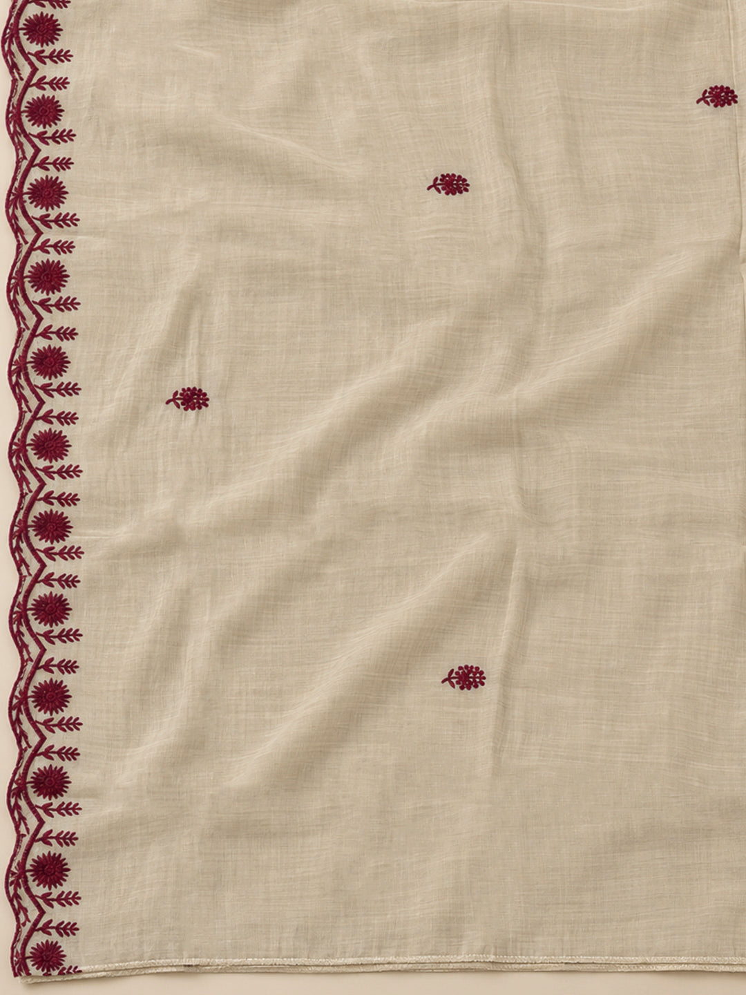 Beige Chanderi Embroidered Unstitched Dress Material