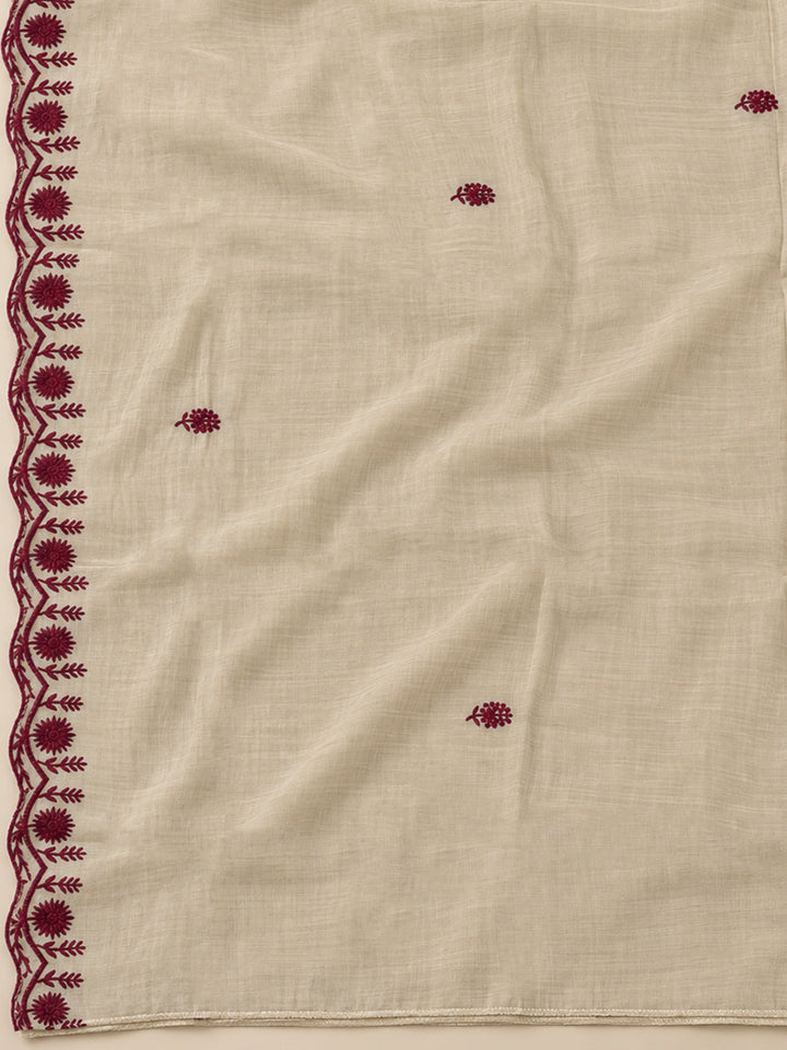 Beige Chanderi Embroidered Unstitched Dress Material