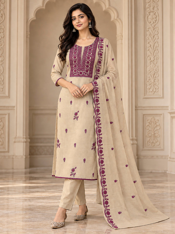 Beige Chanderi Embroidered Unstitched Dress Material