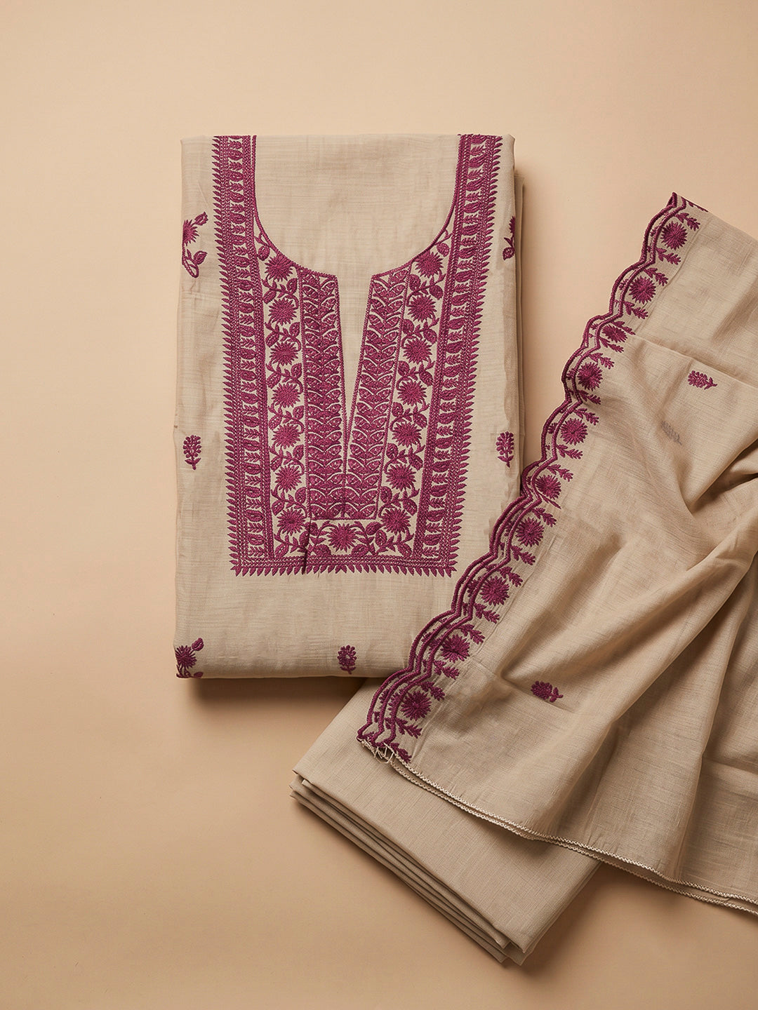 Beige Chanderi Embroidered Unstitched Dress Material