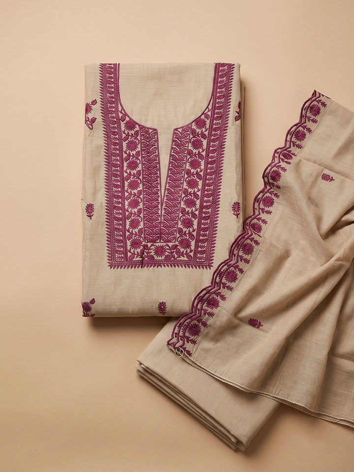 Beige Chanderi Embroidered Unstitched Dress Material