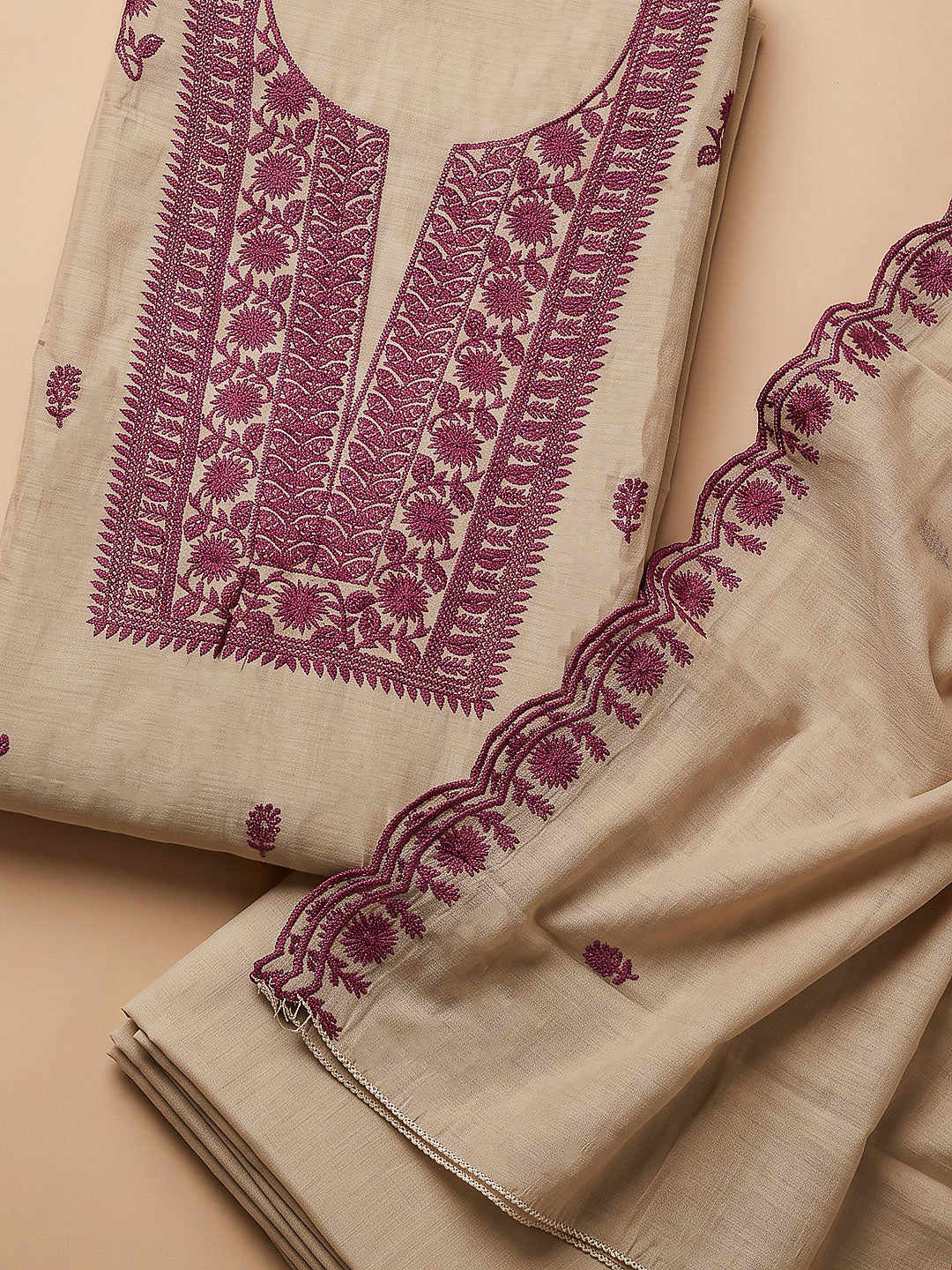 Beige Chanderi Embroidered Unstitched Dress Material