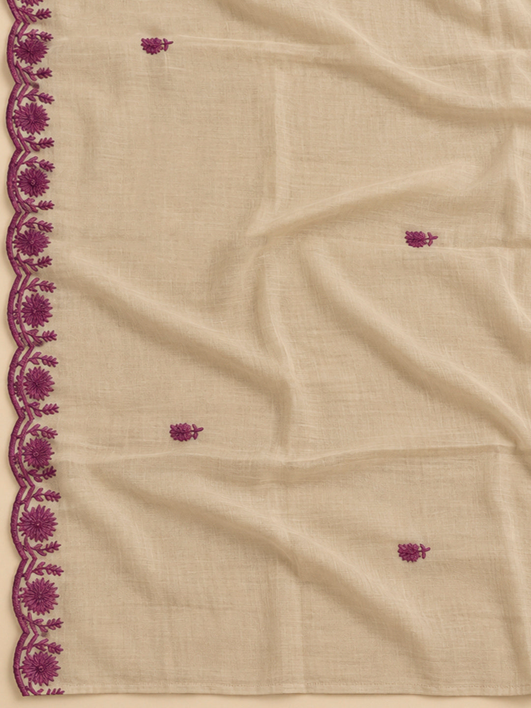 Beige Chanderi Embroidered Unstitched Dress Material