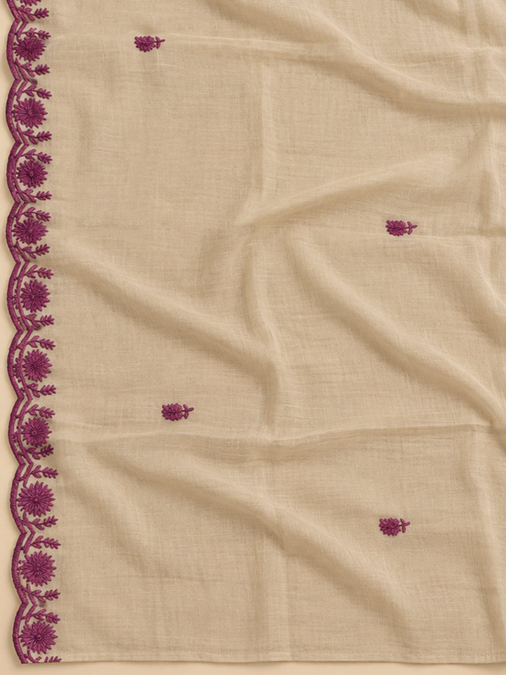 Beige Chanderi Embroidered Unstitched Dress Material