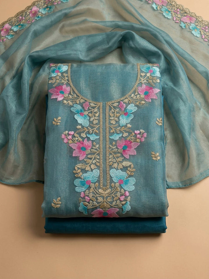 Blue Organza Embroidered Unstitched Dress Material