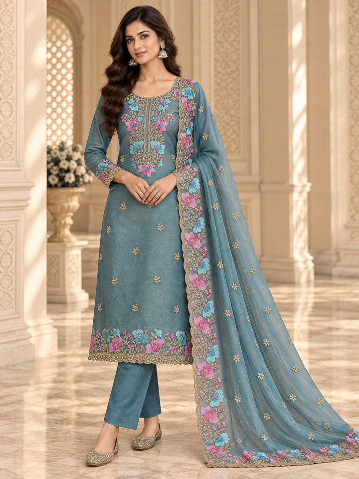 Blue Organza Embroidered Unstitched Dress Material