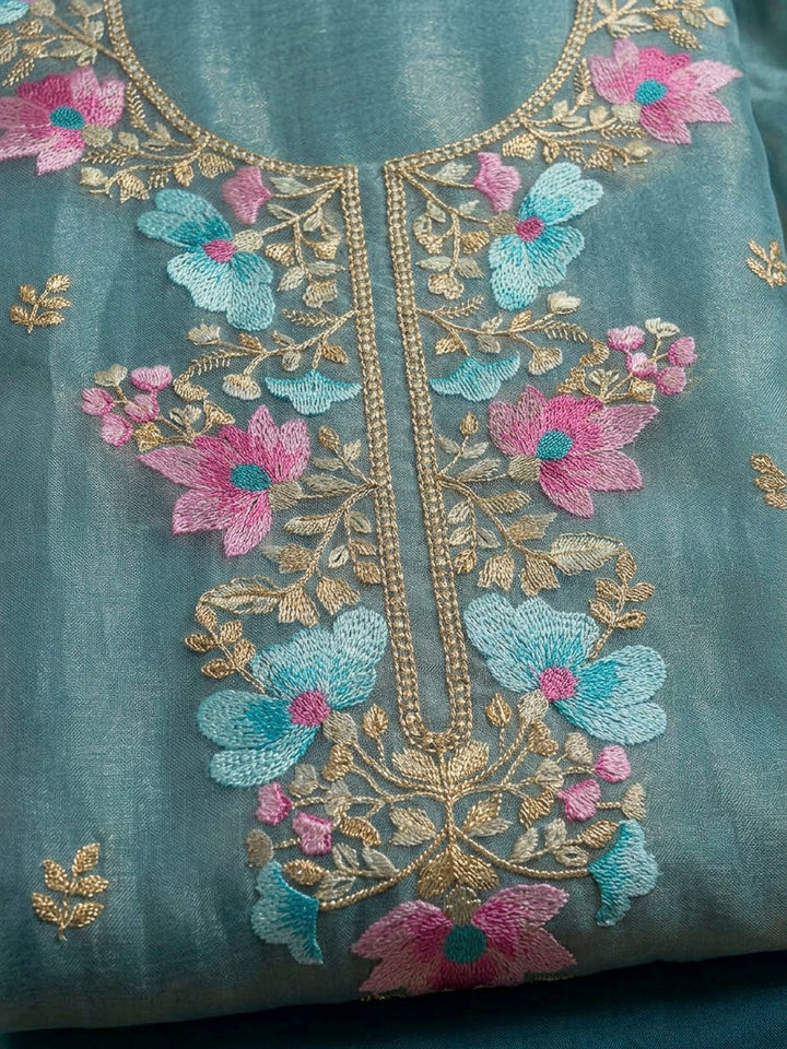 Blue Organza Embroidered Unstitched Dress Material