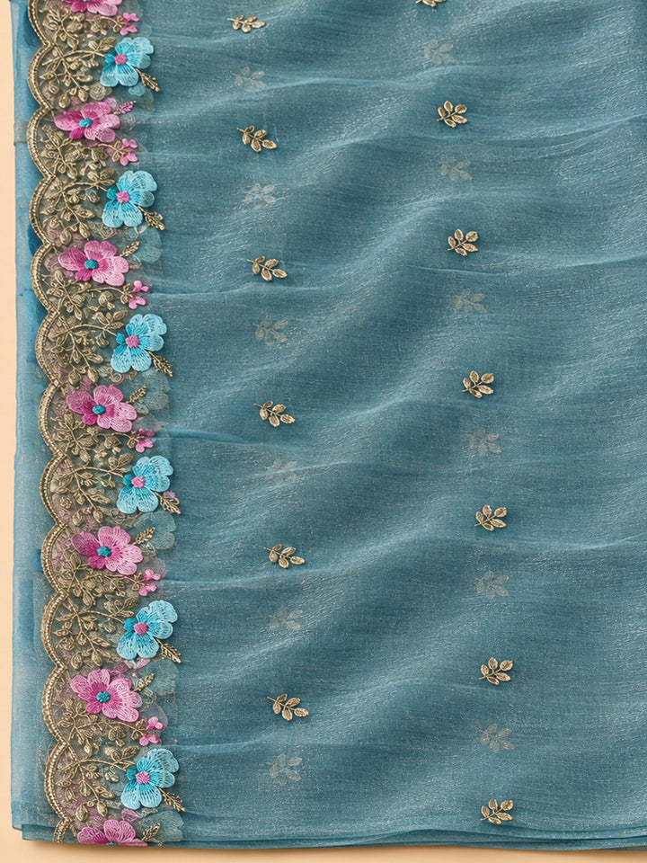 Blue Organza Embroidered Unstitched Dress Material