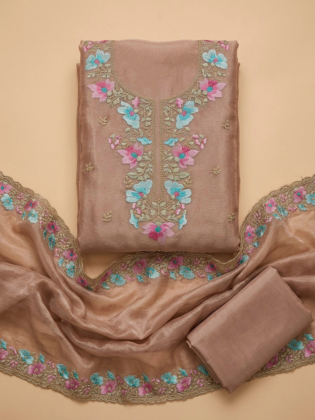 Dusty Pink Organza Embroidered Unstitched Dress Material