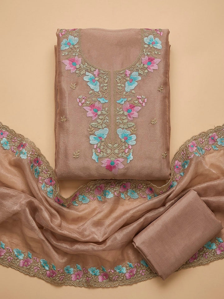 Dusty Pink Organza Embroidered Unstitched Dress Material