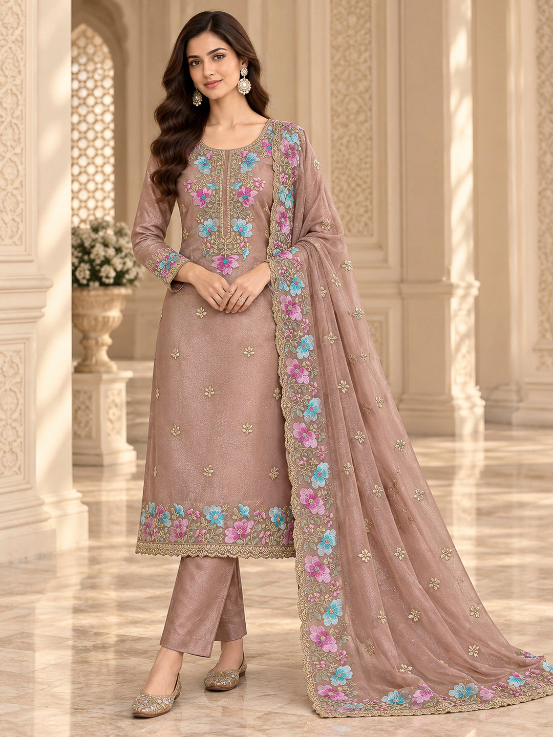 Dusty Pink Organza Embroidered Unstitched Dress Material