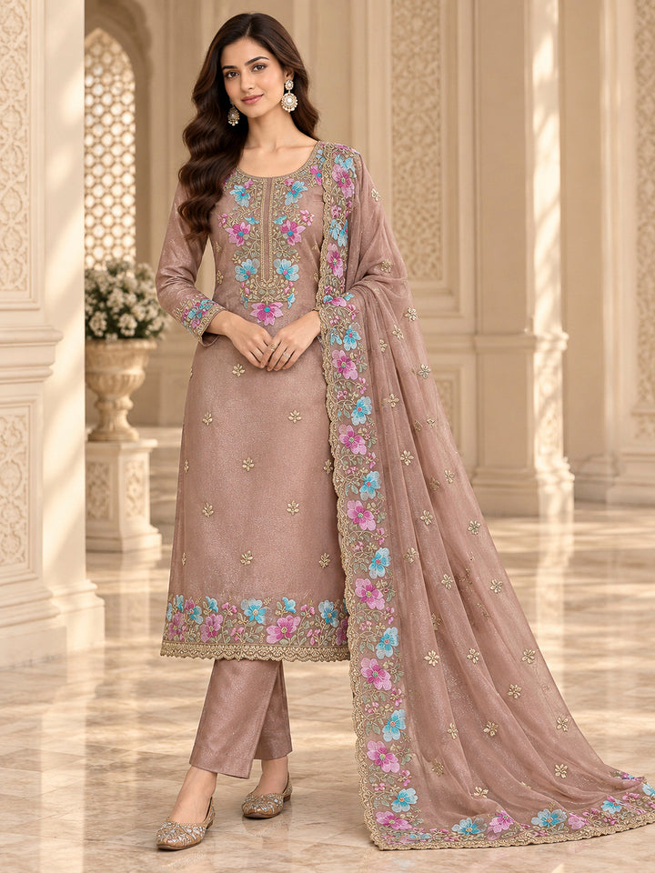 Dusty Pink Organza Embroidered Unstitched Dress Material