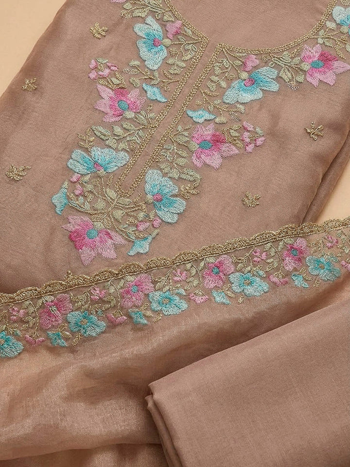 Dusty Pink Organza Embroidered Unstitched Dress Material