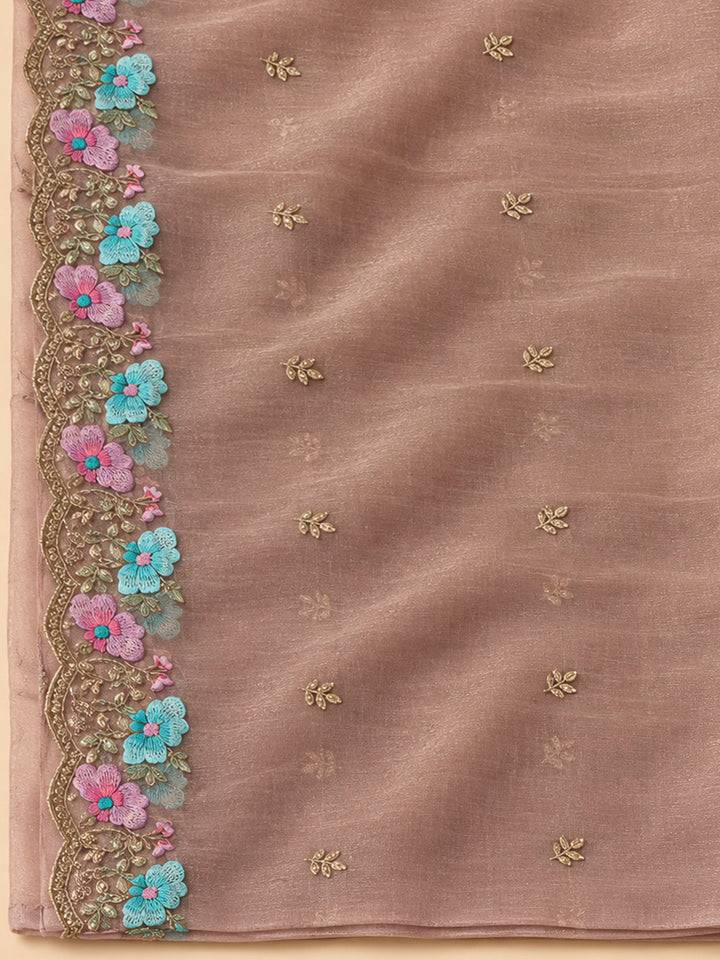 Dusty Pink Organza Embroidered Unstitched Dress Material