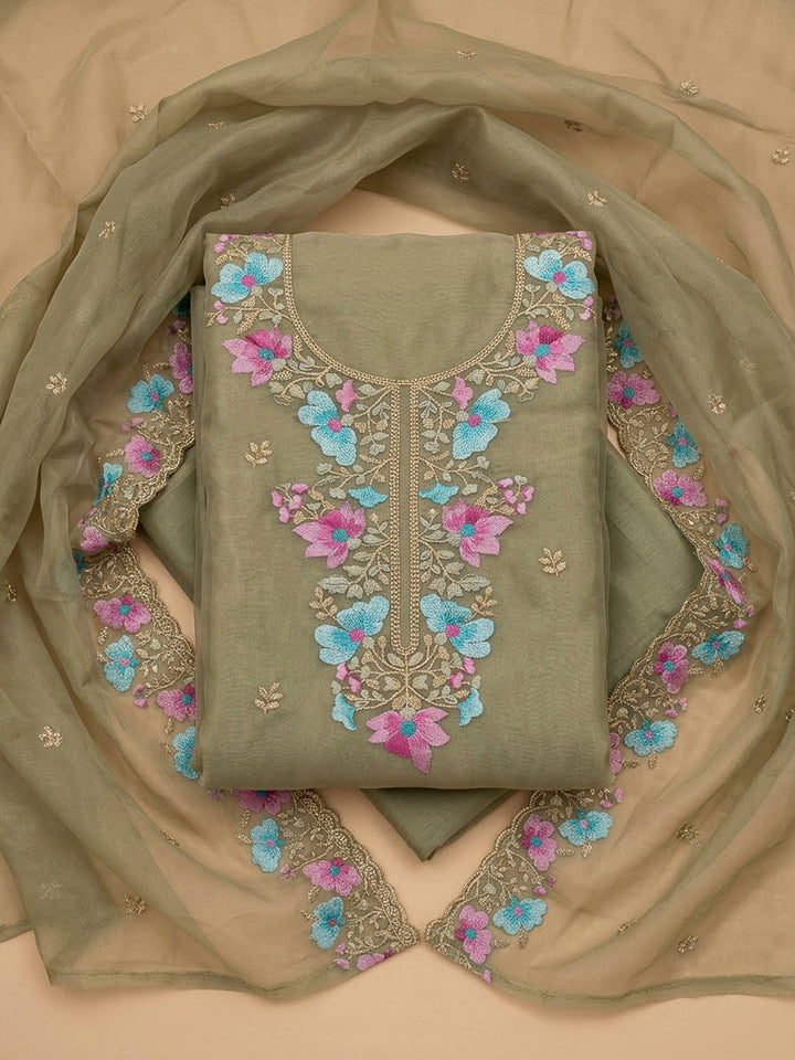 Mehndi Organza Embroidered Unstitched Dress Material