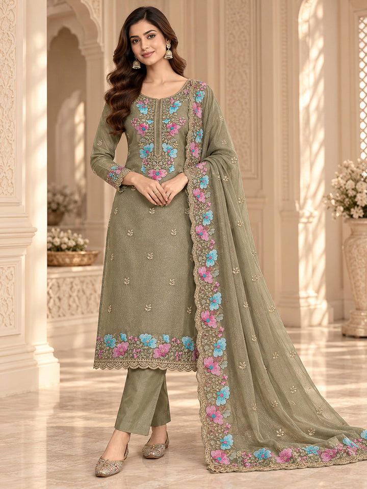 Mehndi Organza Embroidered Unstitched Dress Material