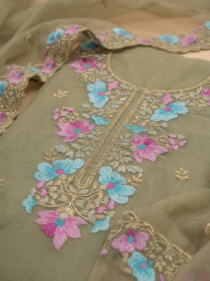 Mehndi Organza Embroidered Unstitched Dress Material